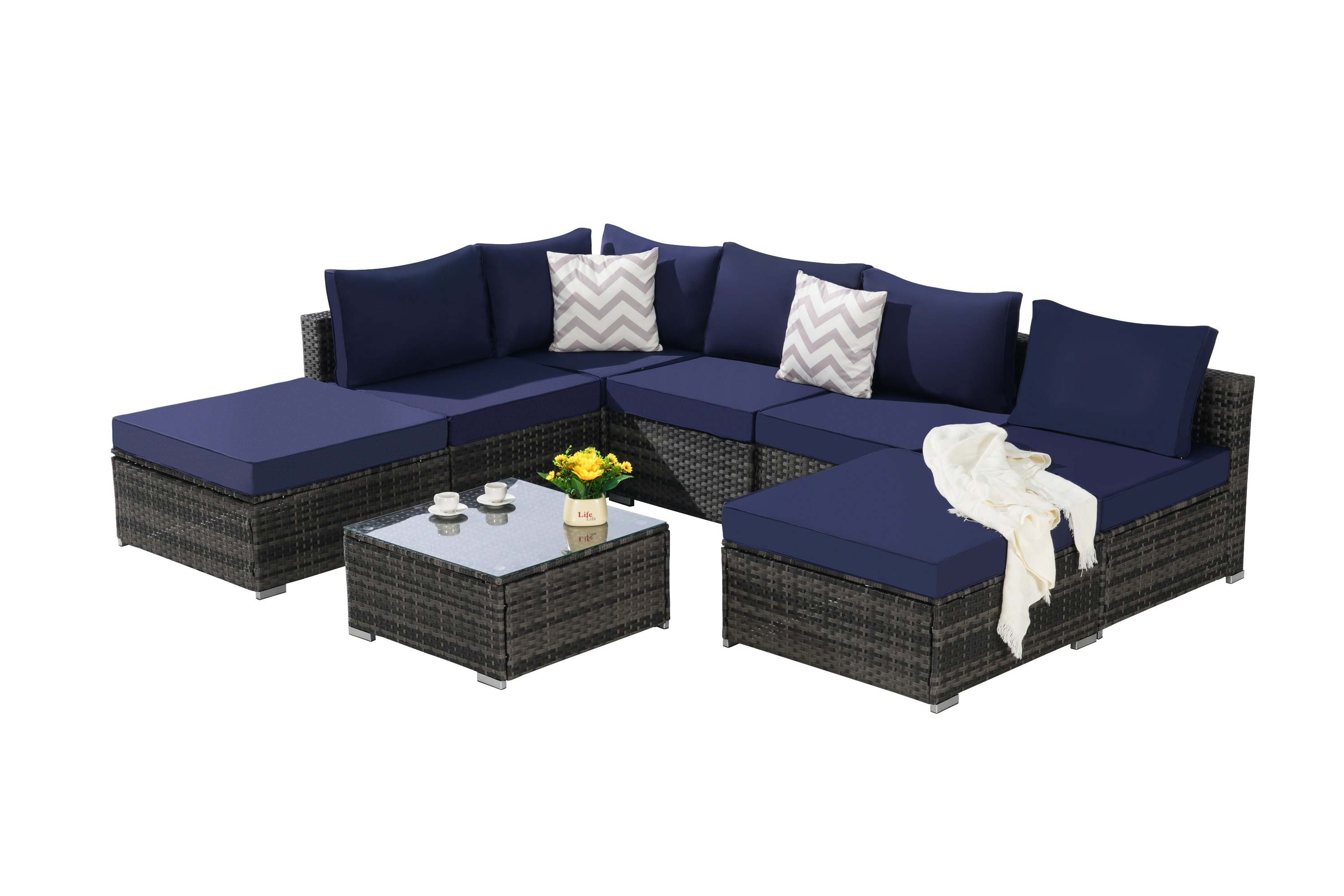 Outdoor Sectional Set PE Rattan Steel Dark Blue 8 Piece Seats 8 380 LB