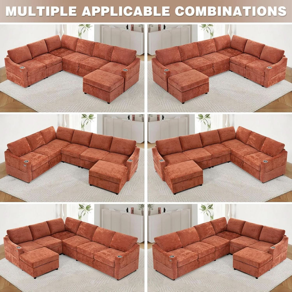 116Inch Orange Chenille Fabric Modular Sleeper Sofa USB