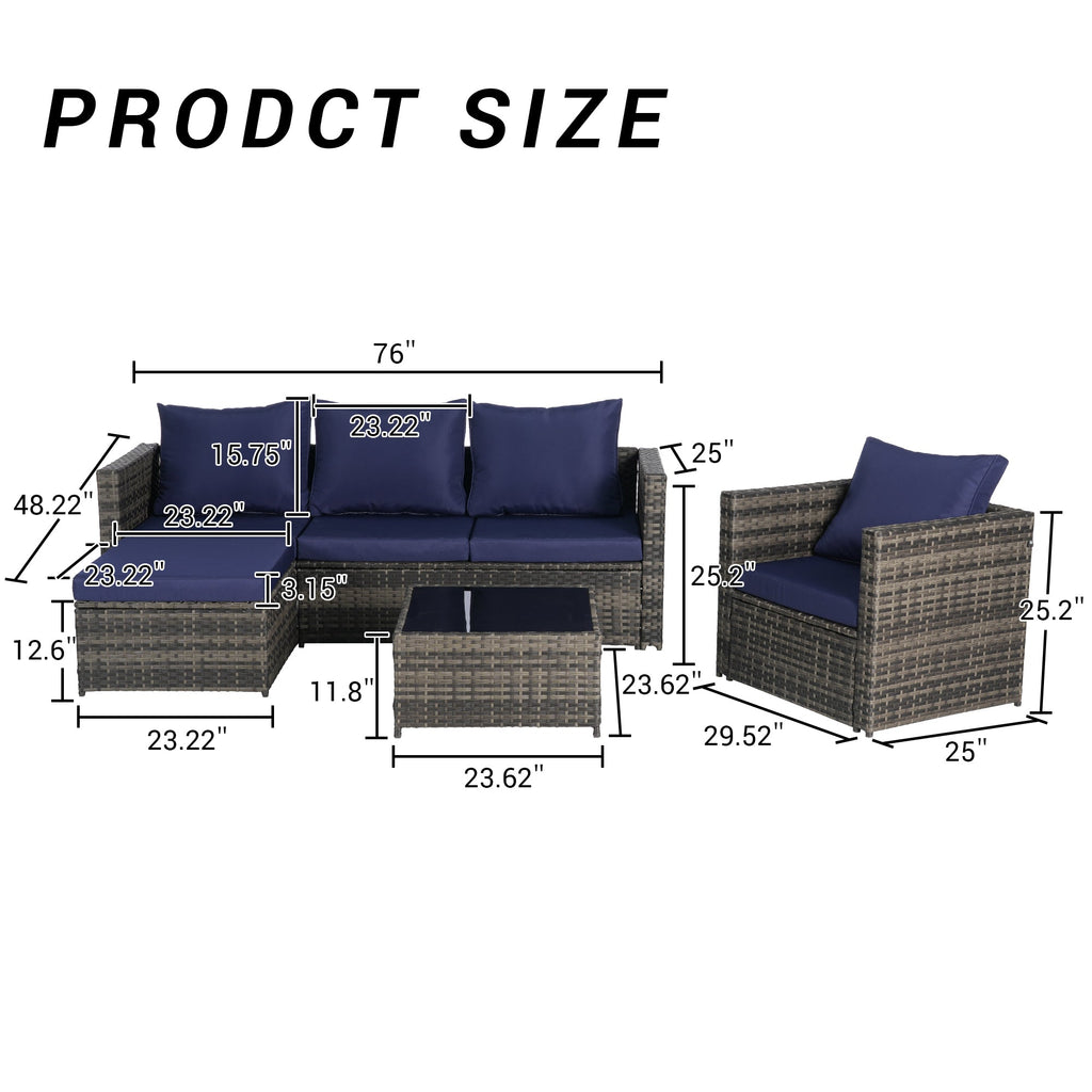 Outdoor Sectional Set PE Rattan Steel Dark Blue 4 Piece Seats 6 380 LB