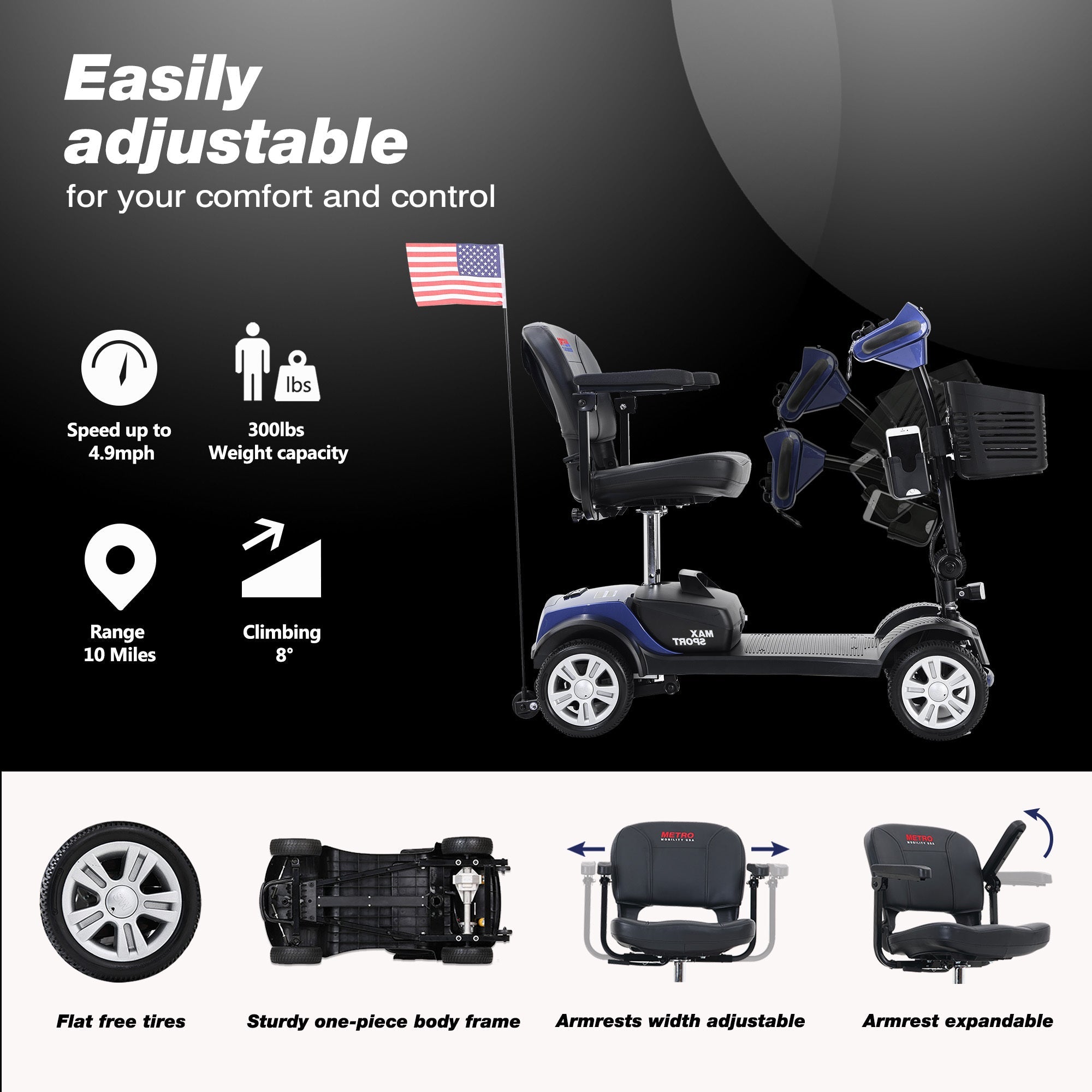 Mobility Scooter 4-Wheel Metal Blue 300 LB 10 Mile Basket Cup Holder 5 mph