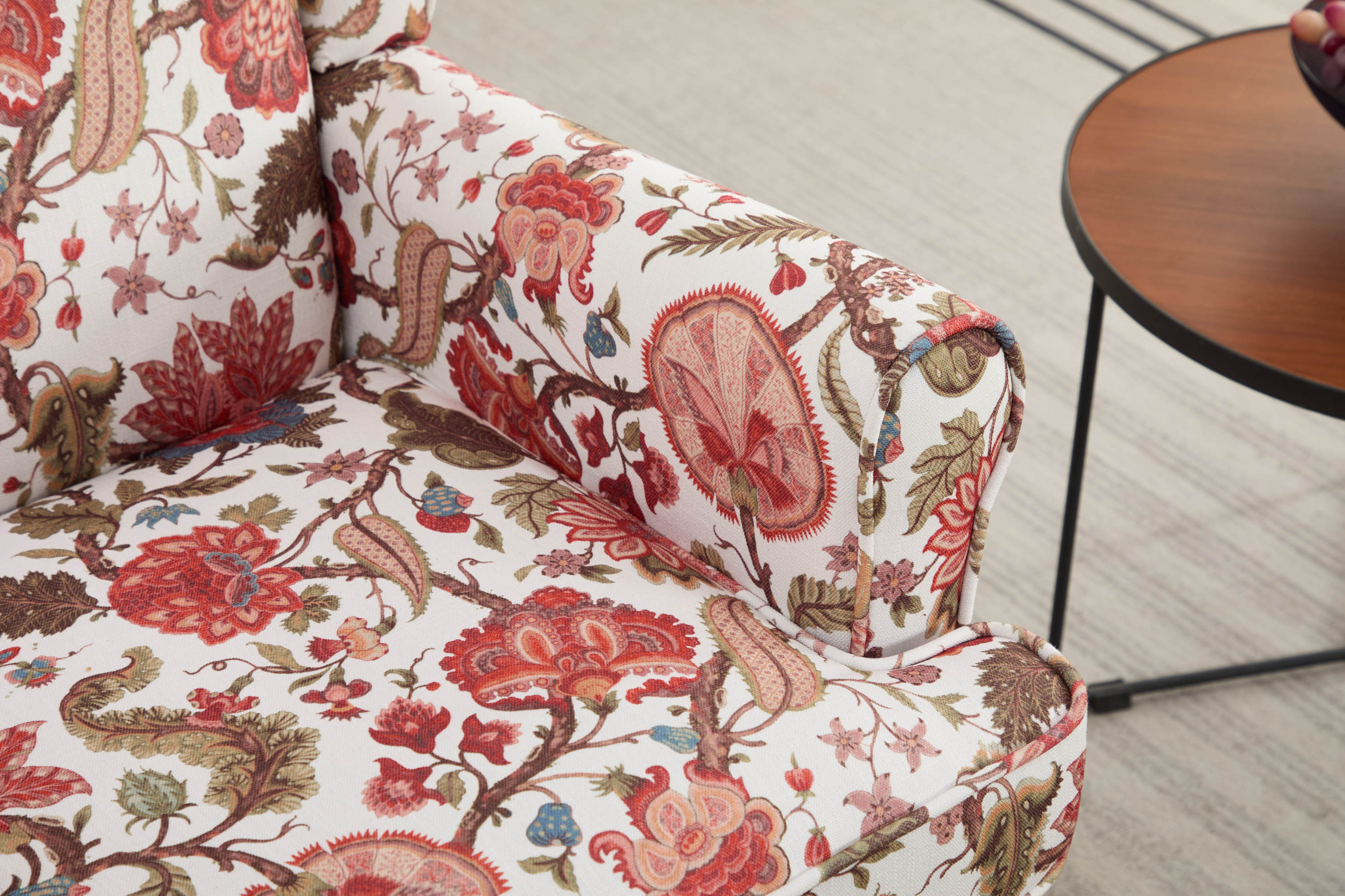 Accent Chair Wingback Linen Floral Red Pine Legs 28x30x38 In
