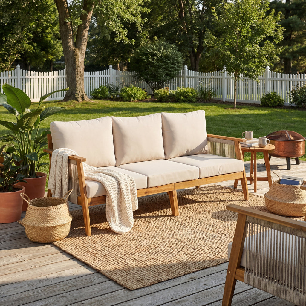 Outdoor Acacia Wood and Rope 3 Seater Patio Sofa