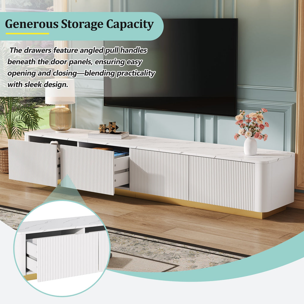 Luxury Fluted White TV Stand Faux Marble Top 4-Drawer 85