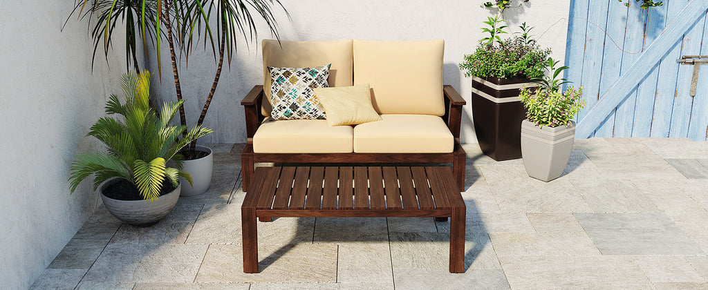 Outdoor Sofa Set Acacia Wood Dark Brown Beige Cushion 2 Piece Table