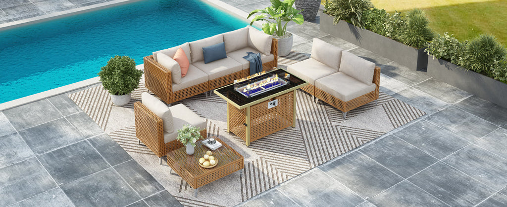 Outdoor Patio Set with Fire Pit Table Rattan Metal Beige 8 Piece