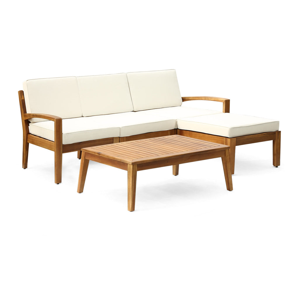 Outdoor Patio Set L-Shape Acacia Wood Teak Beige Cushions 3 Piece