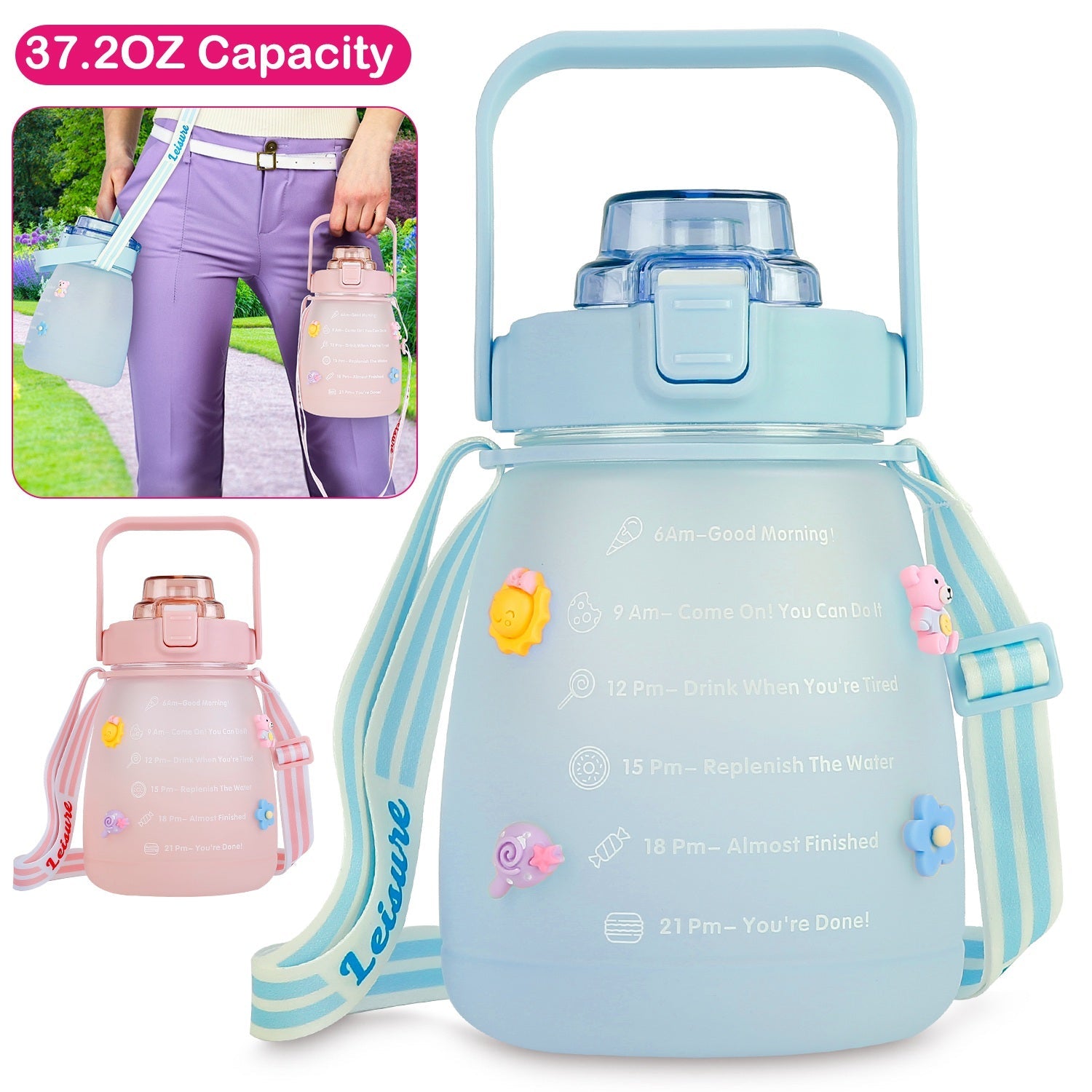Kawaii Water Bottle with Straw 37.2oz Large Capacity Portable Sports Bottle with Cute Three-Dimensional Stickers