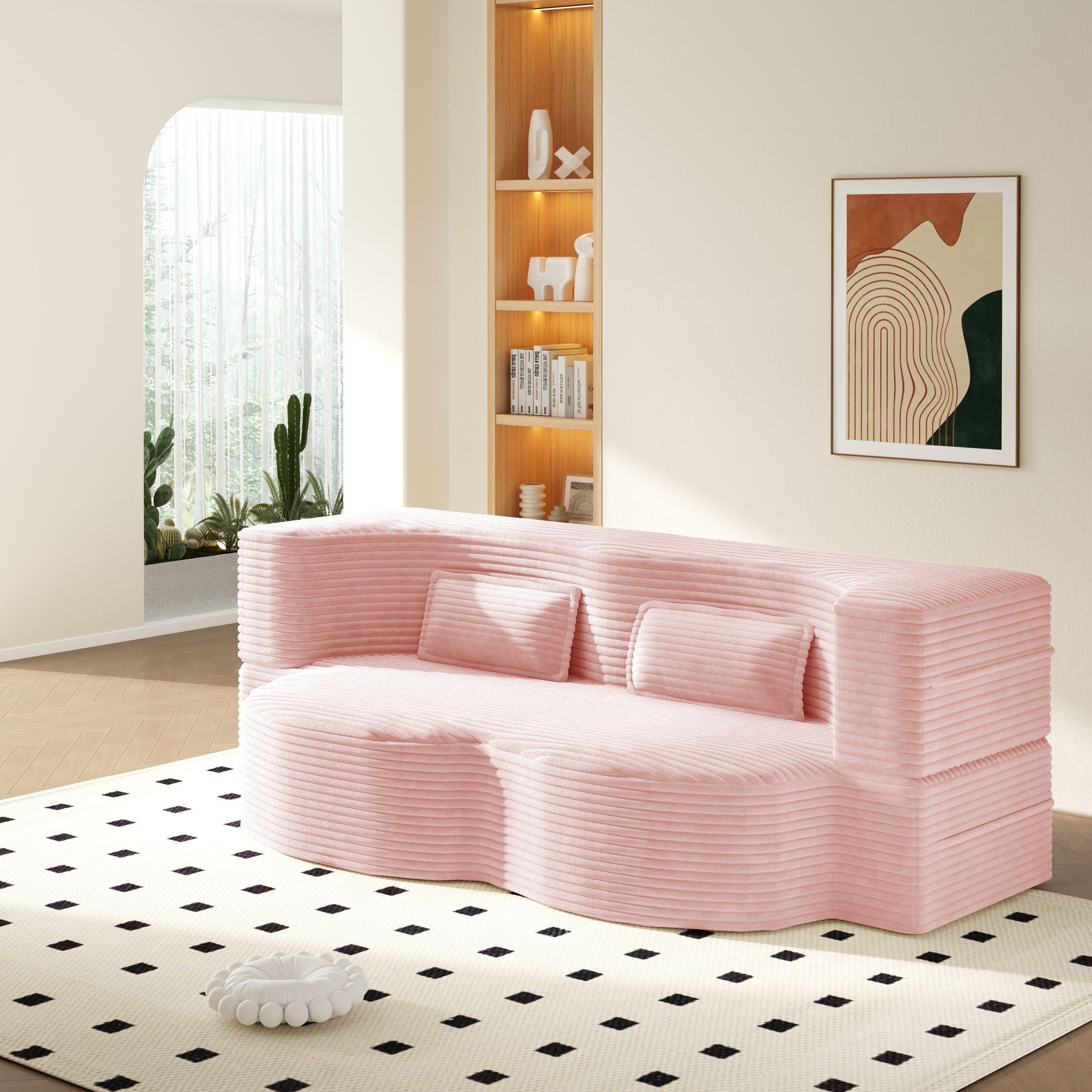 Modern Floor Sofa With 2 Pillows, Convertible Twin Size Folding Mattress For Living Room