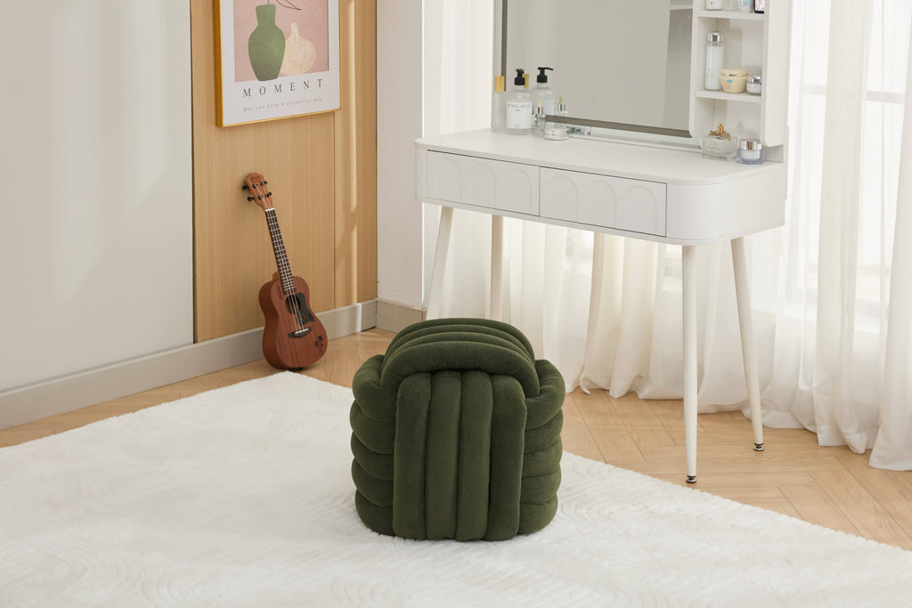 Chenille Knot Design Ottoman Makeup Stool Footstool, Green