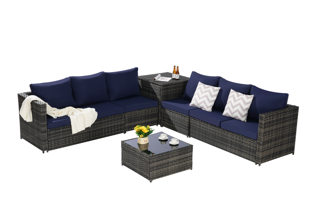 Outdoor Sectional Set PE Rattan Steel Dark Blue L-Shape 6 Piece Seats 8