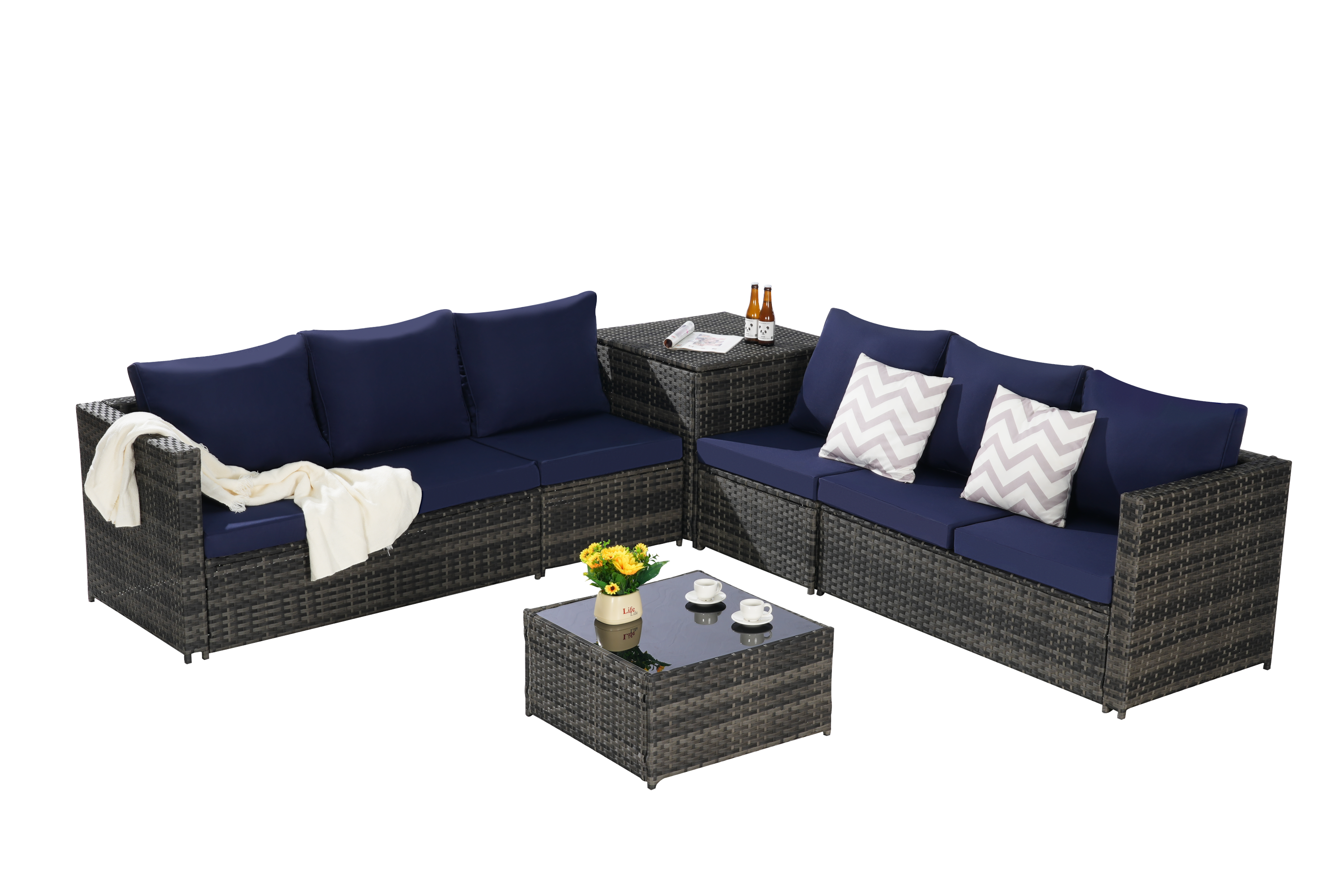 Outdoor Sectional Set PE Rattan Steel Dark Blue L-Shape 6 Piece Seats 8