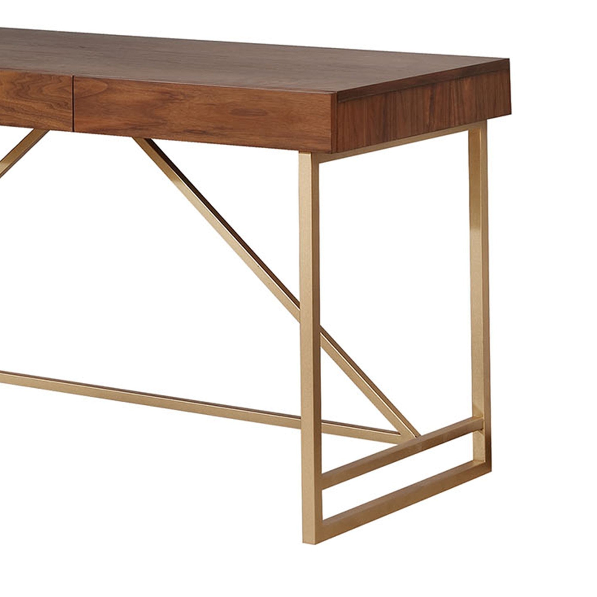 Writing Desk Modern Walnut Wood Gold Metal Legs 60x24x30 In
