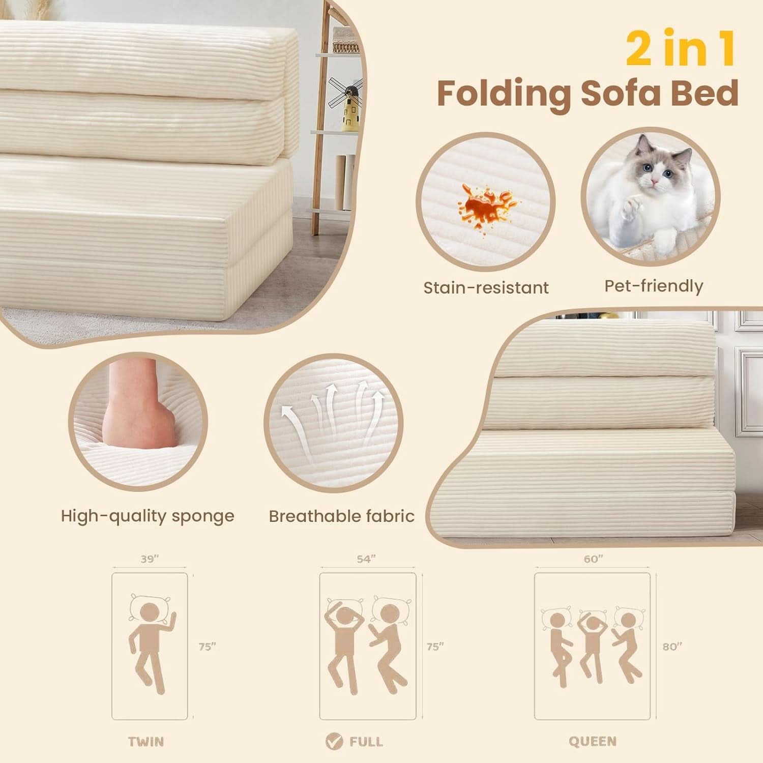 Corduroy Convertible Folding Sofa Bed With Mattress