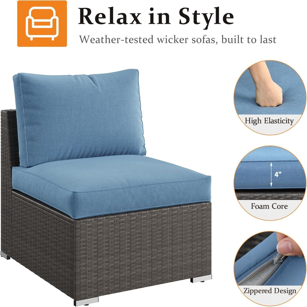 Outdoor Patio Sofa Set PE Rattan Blue 2 Piece Armless Modular