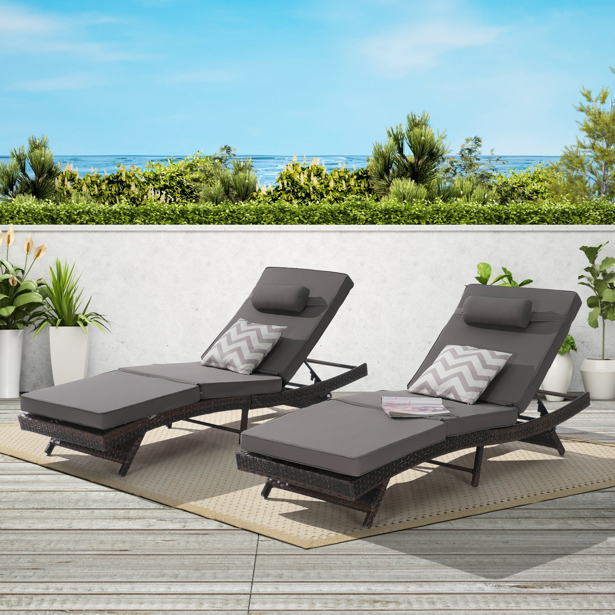 Outdoor Reclining Lounge Chair PE Rattan Dark Gray Set of 2