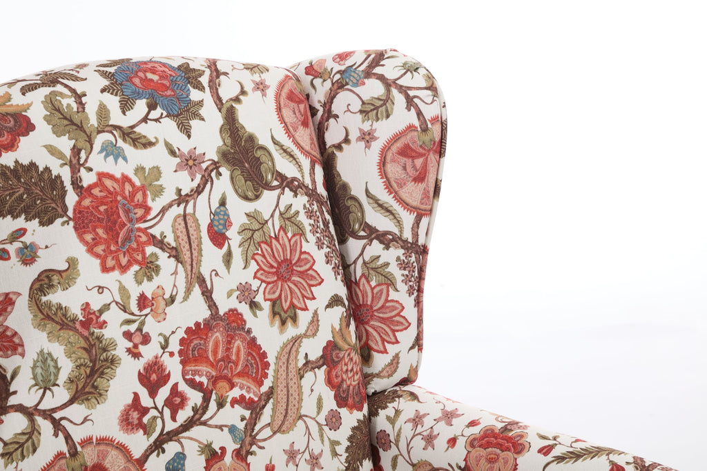 Accent Chair Wingback Linen Floral Red Pine Legs 28x30x38 In