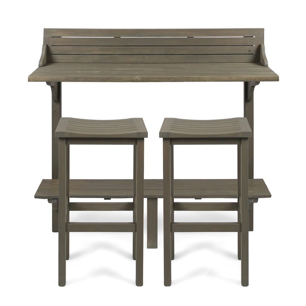 Outdoor Balcony Bar Set Acacia Wood Gray 3 Piece Table 2 Stools Seats 2