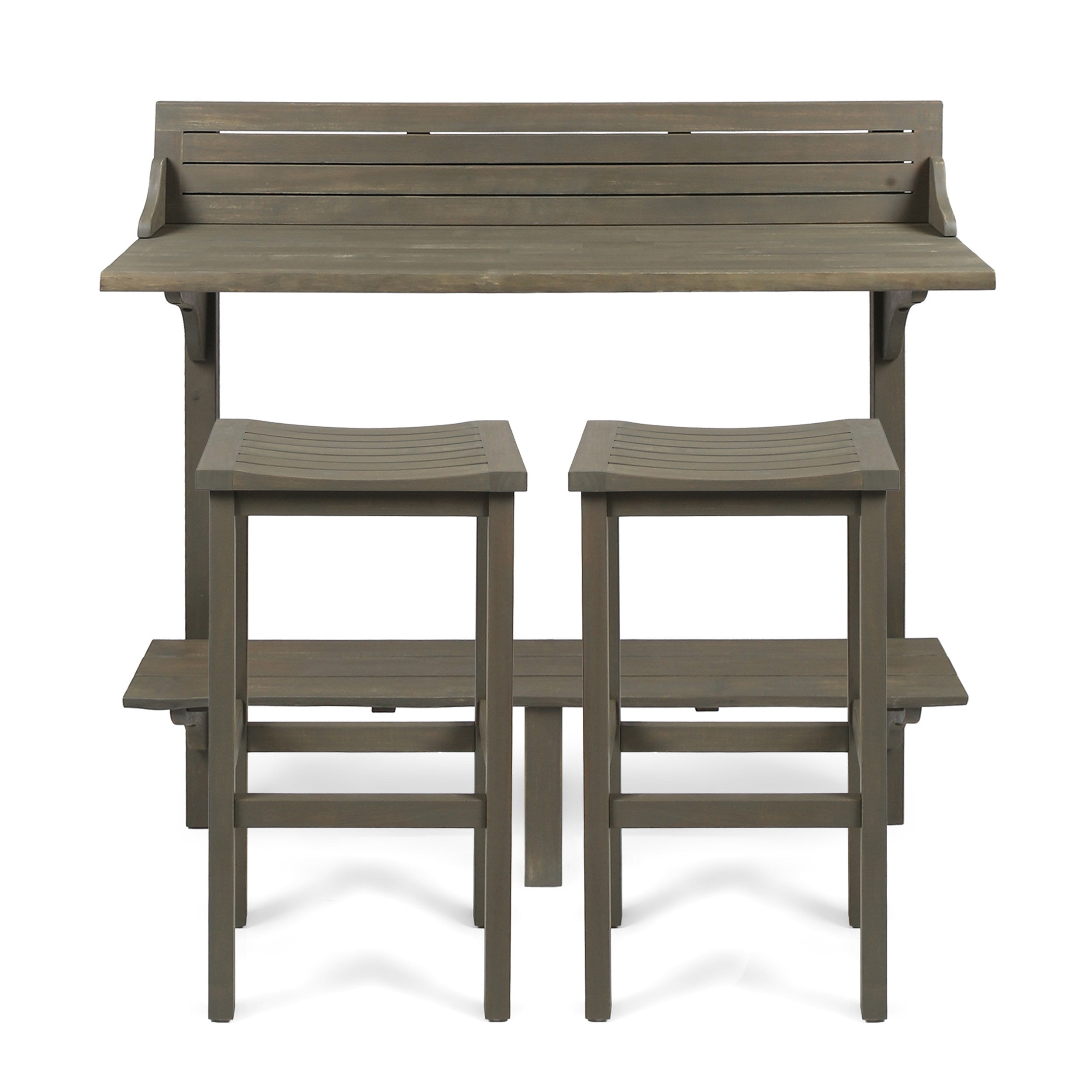 Outdoor Balcony Bar Set Acacia Wood Gray 3 Piece Table 2 Stools Seats 2