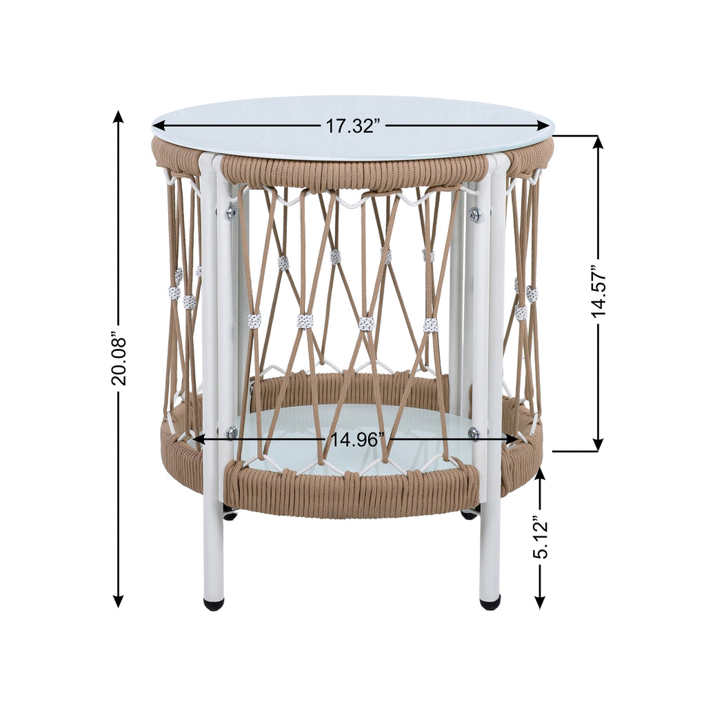 Outdoor Patio Set Bohemian Rope Steel Beige 3 Piece Glass Top Table