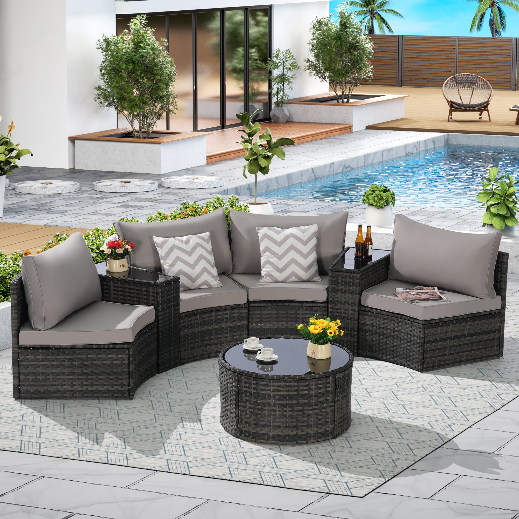Outdoor Sectional Set PE Rattan Steel Light Gray Half Moon 7 Piece 380 LB