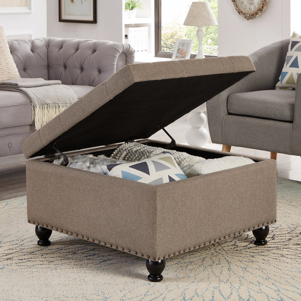 Large Square Storage Ottoman Button Tufted Wooden Legs Linen, 30x30x18