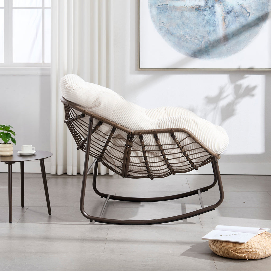 Outdoor Rocking Chair Rattan Steel White Cushion Oversized 250 LB