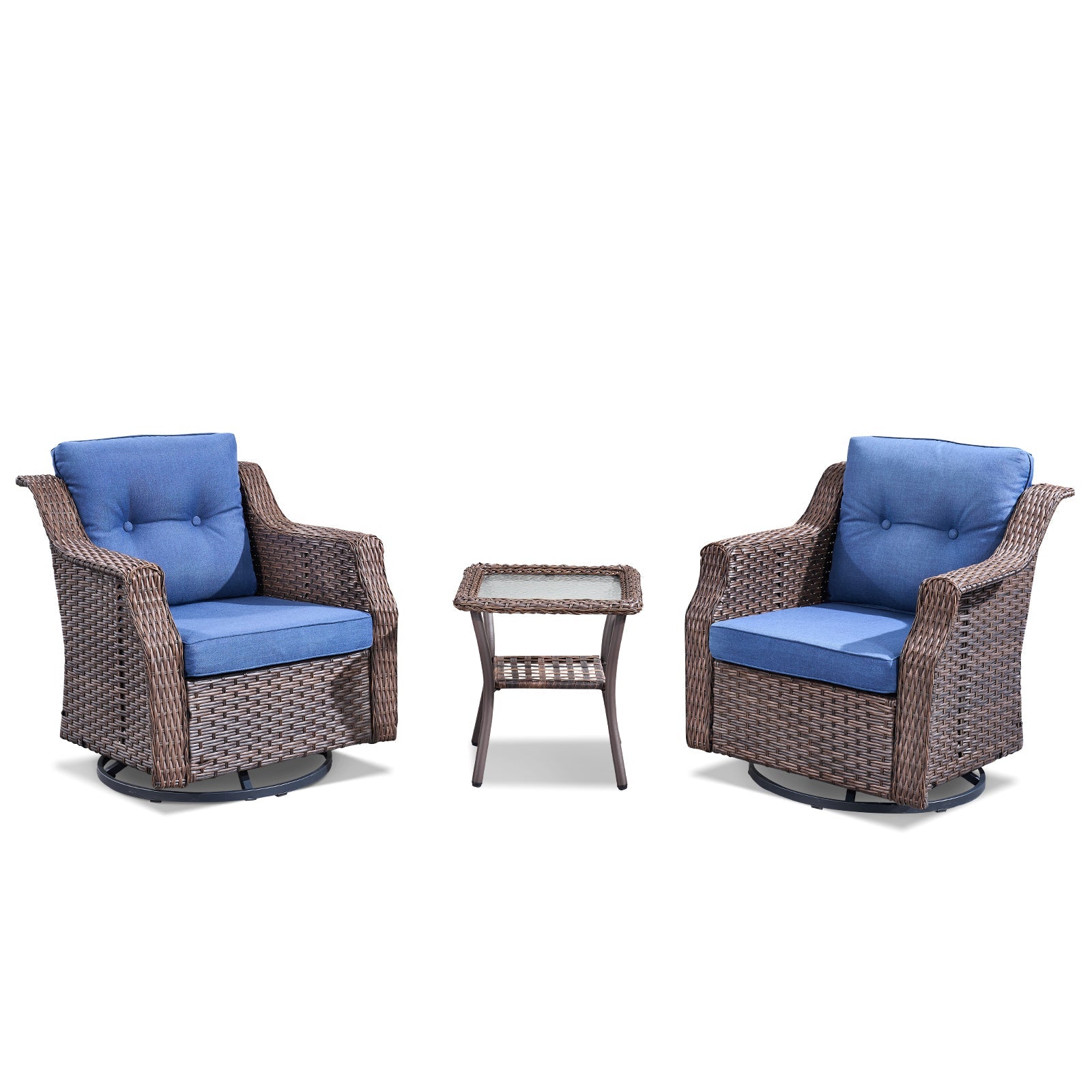 Outdoor Patio Wicker Swivel Rocker 3 Piece Set Blue
