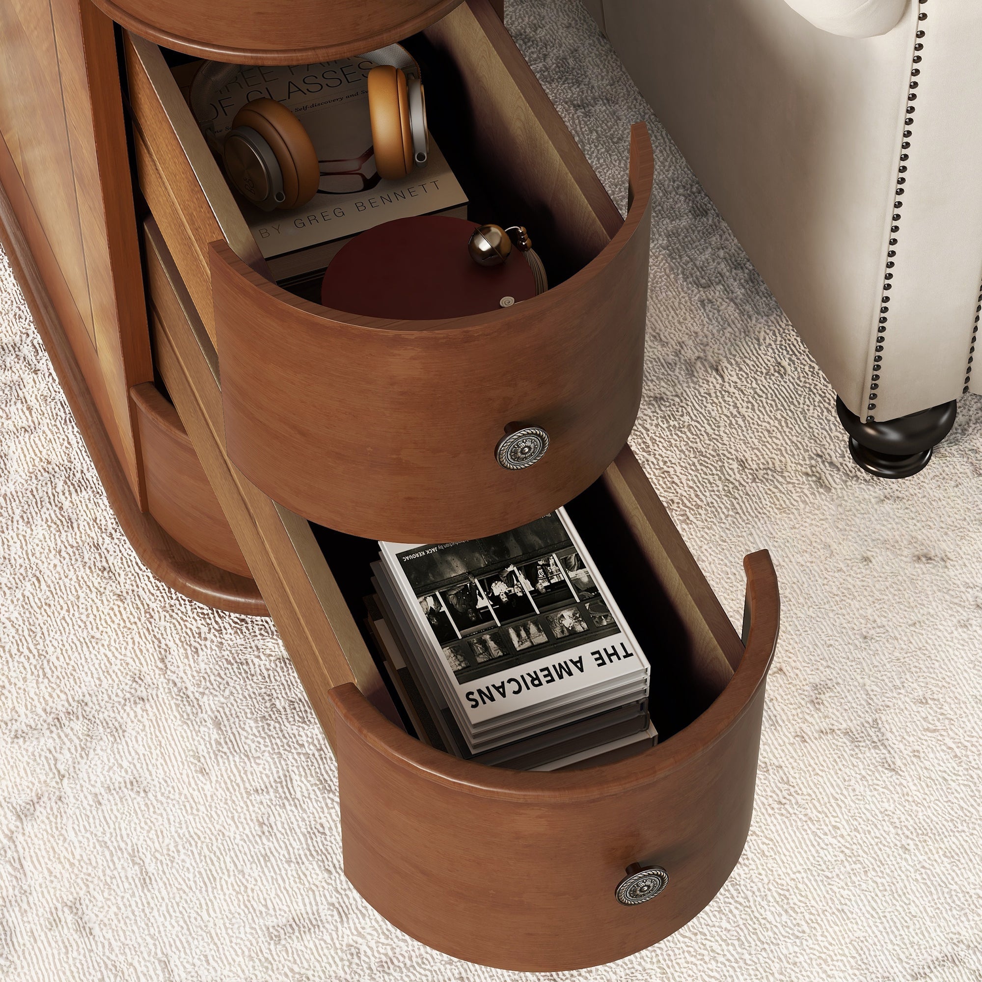 End Table Charging Station 2 AC 2 USB Ports 2 Drawers Arc Design Walnut 23.6 In