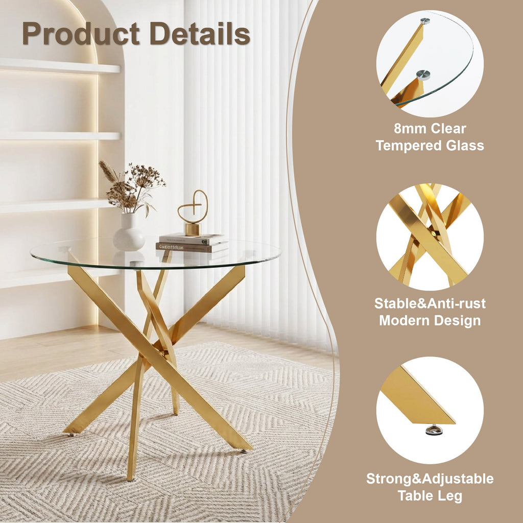 Round Glass Dining Table Set for 4, 35.5' Glass Dining Table with Gold Legs,