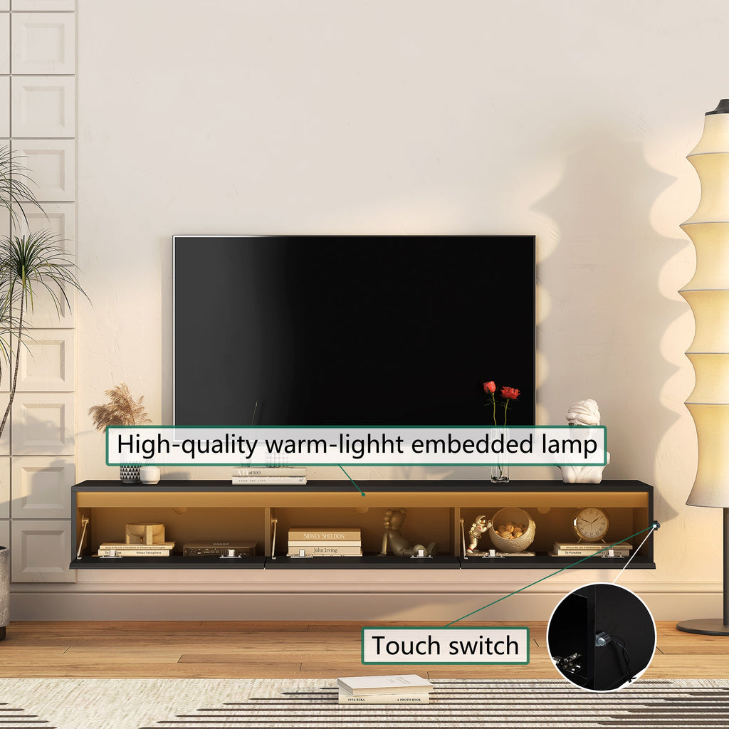 TV Stand Wall-Mounted Floating LED Black MDF 3 AC 2 USB Fits 65 In TV