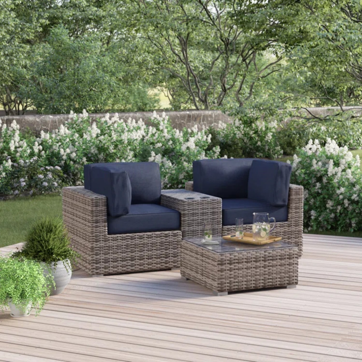 Outdoor Loveseat Set 2-Seat Wicker Gray Cupholder