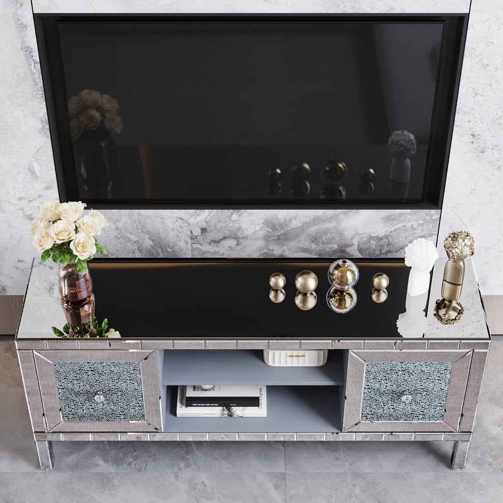 TV Stand Mirrored Crushed Diamond Glass Silver 59 In Fits 65 In TV