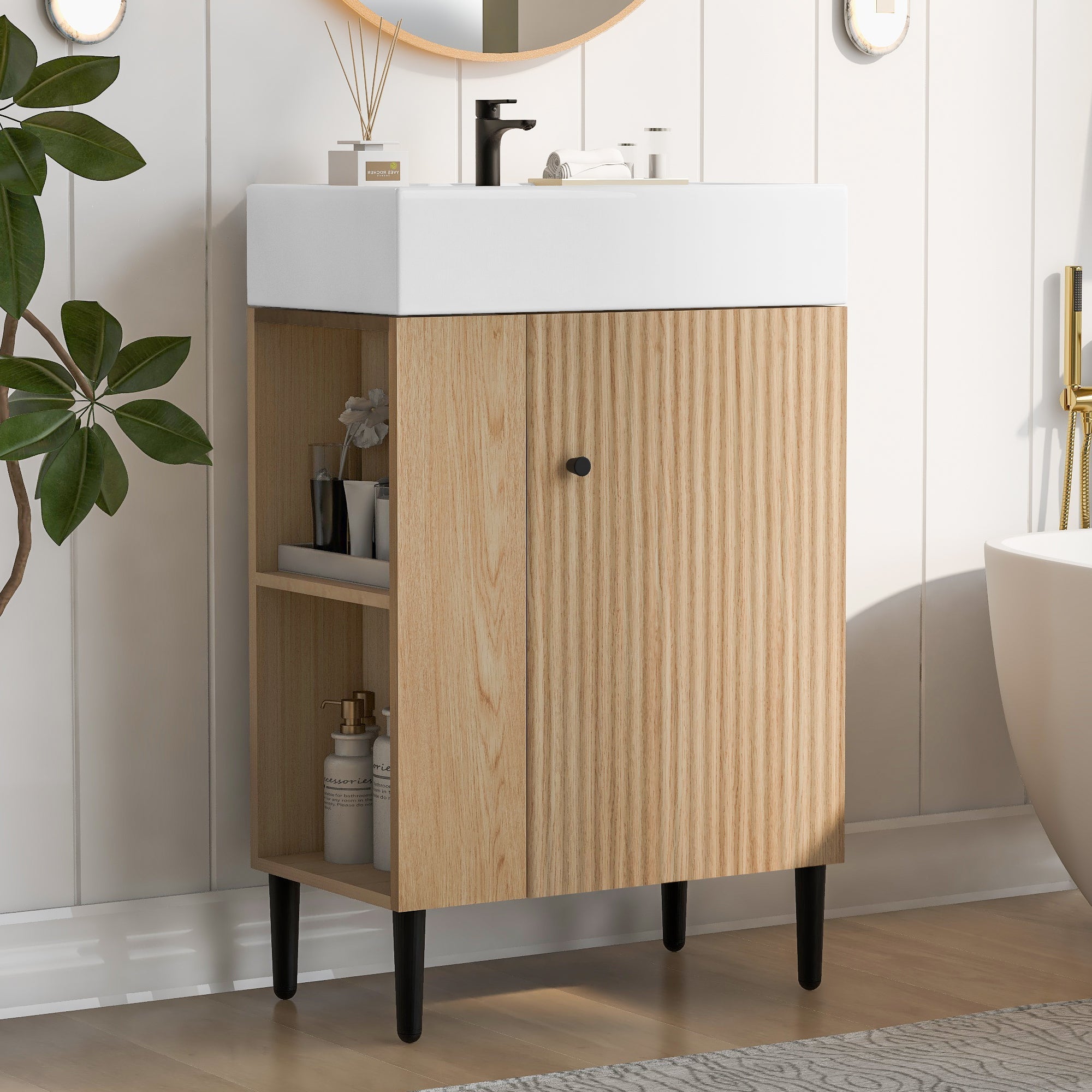 Modern Wood Bathroom Vanity with Ceramic Sink, Left Side Storage, 21.6' W x 1...