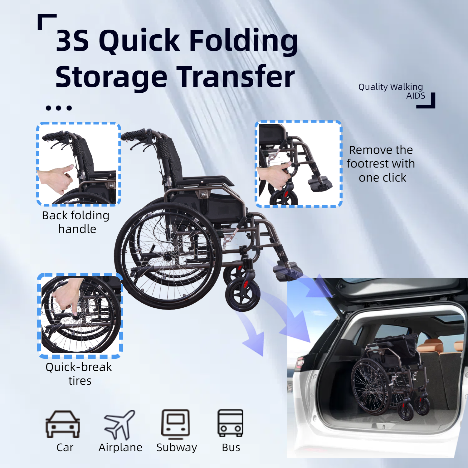 Wheelchair Manual Aluminum 24 In Quick Release Wheels Memory Foam Dark Gray