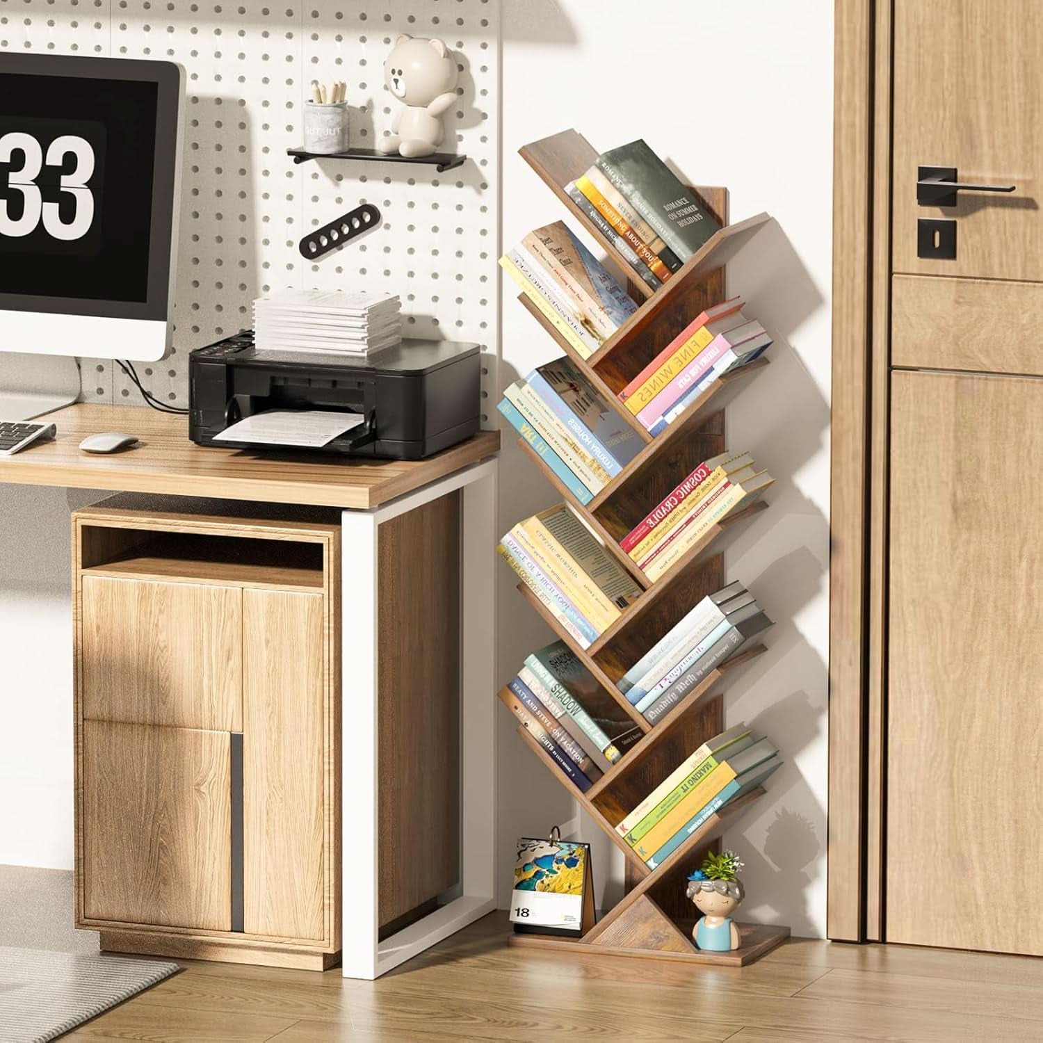 10 Tier Tree Bookshelf Brown Wood Floor Standing Bookcase For Living Room Decor Storage