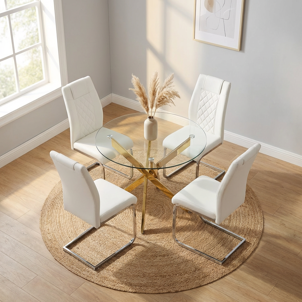 Round Glass Dining Table Set for 4, 35.5' Glass Dining Table with Gold Legs,