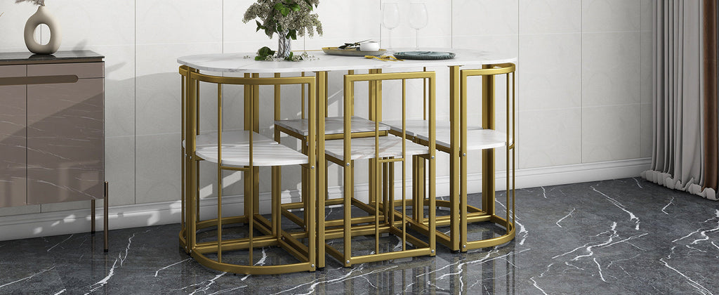Modern 7-Piece Dining Table Set with Faux Marble Compact 55 In Kitchen Table Set for 6