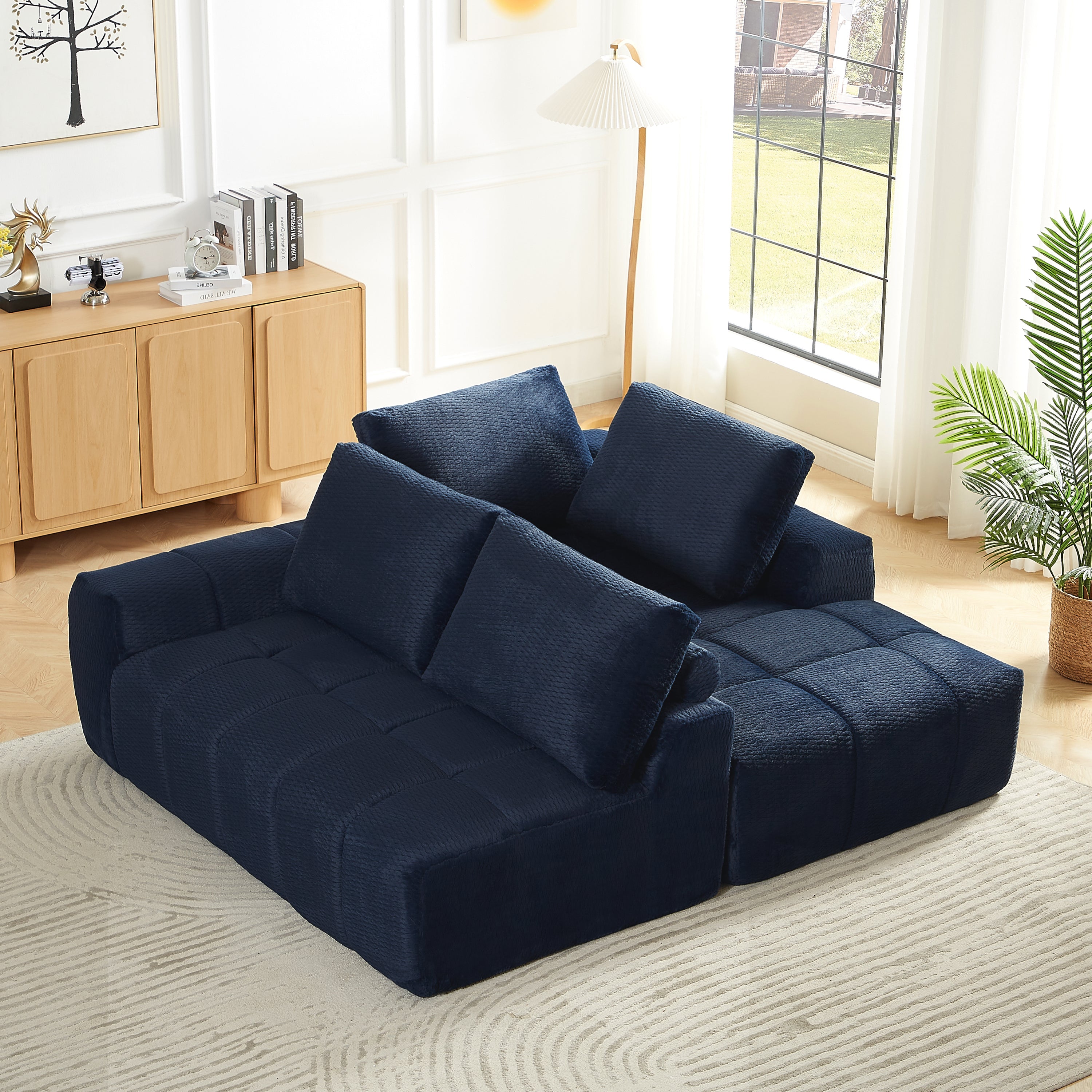 Sectional Sofa L-Shape Faux Fur Dark Blue 4 Seat Sleeper No Assembly