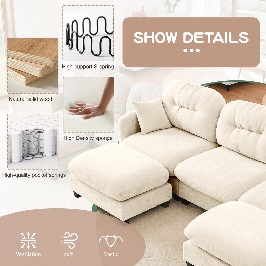 Sectional Sofa L-Shape Modular Chenille Beige 3-Seat with Ottoman