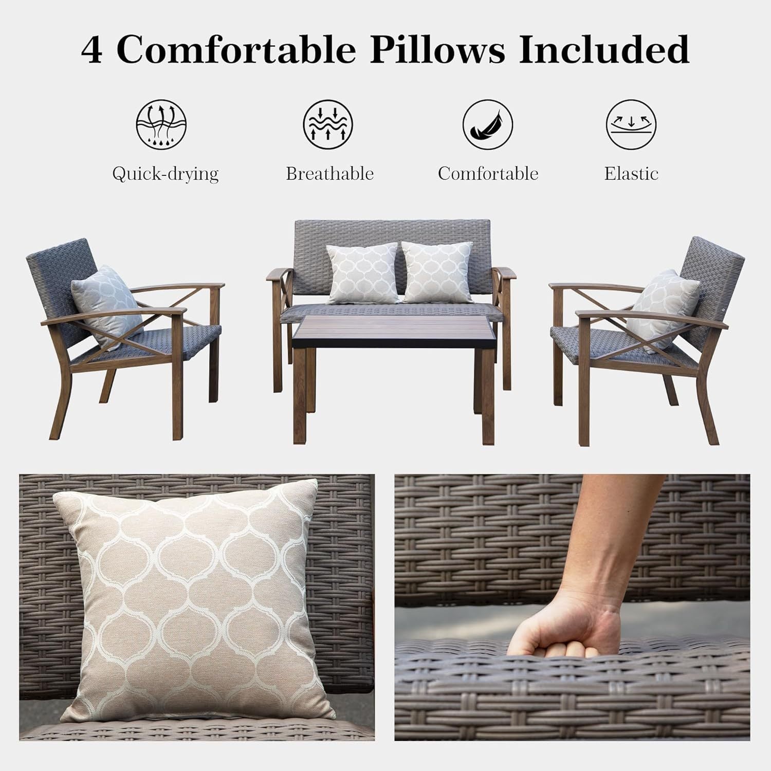 Outdoor Conversation Set Aluminum Woodgrain 4 Piece Sofa 2 Chairs Table