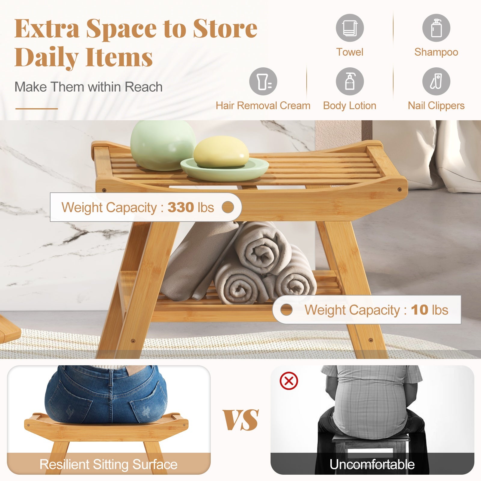 Bamboo Shower Seat Bench with Underneath Storage Shelf-Natural