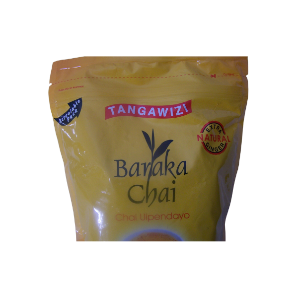 Front flat view of Baraka Chai Tangawizi pouch showing brand name and ginger badge