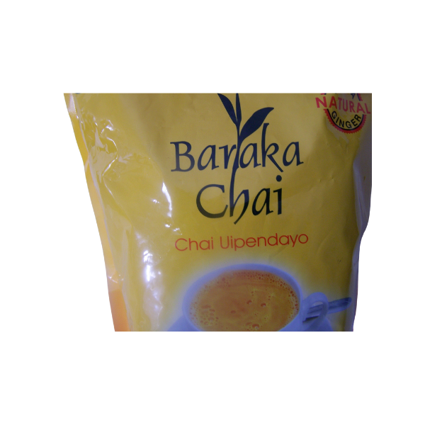 Right side angle of Baraka Chai Tangawizi pouch showing Chai Uipendayo text and ginger badge