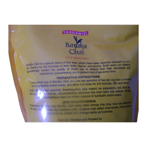 Back of Baraka Chai Tangawizi pouch showing product description text