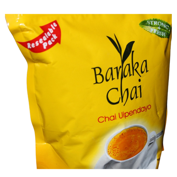 Close-up partial view of yellow Baraka Chai bag showing logo and Chai Uipendayo text