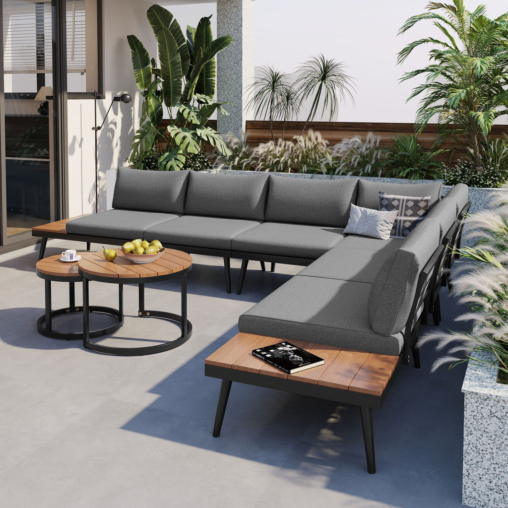 Outdoor Sectional Set Acacia Wood Steel Gray with Nesting Tables