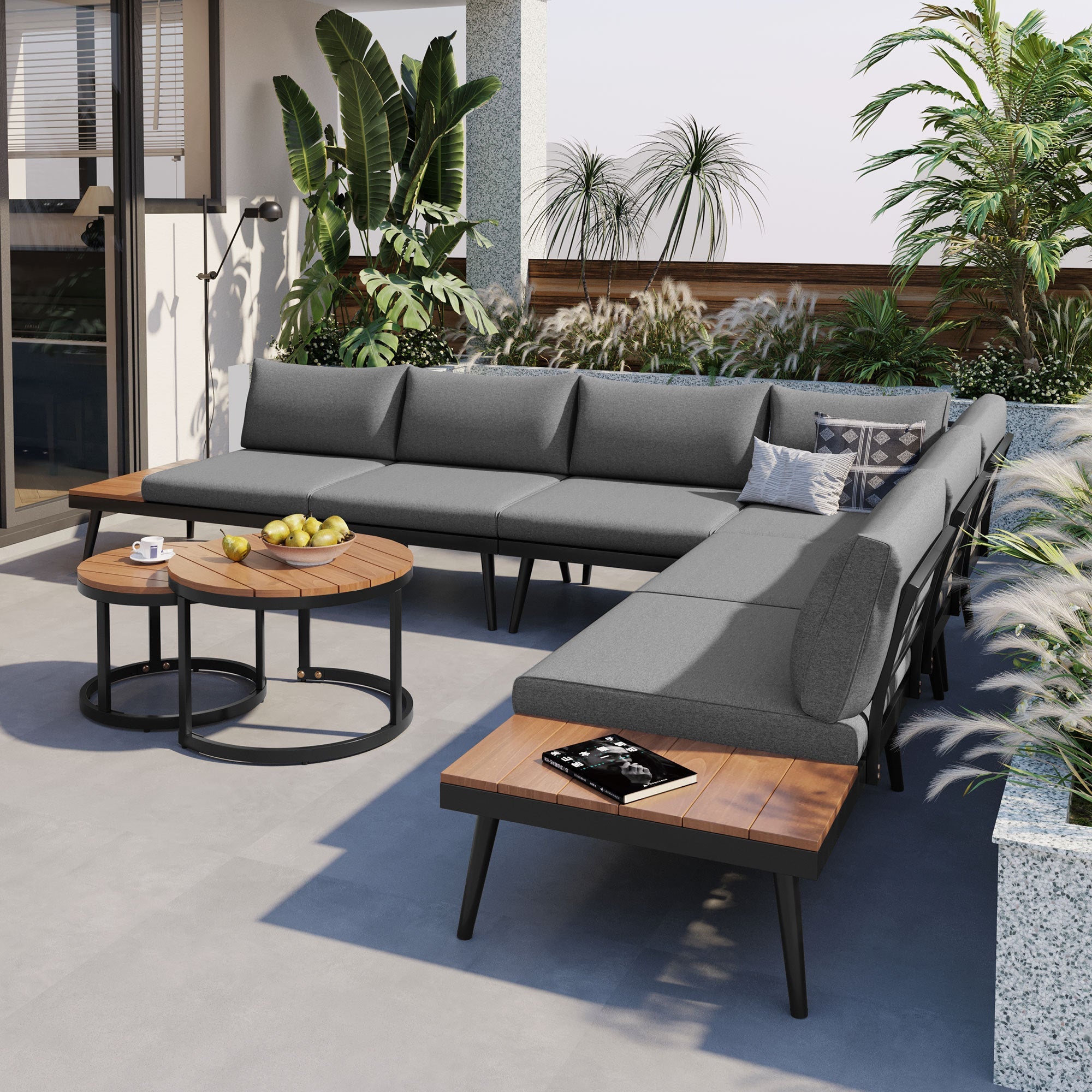 Outdoor Sectional Set Acacia Wood Steel Gray with Nesting Tables