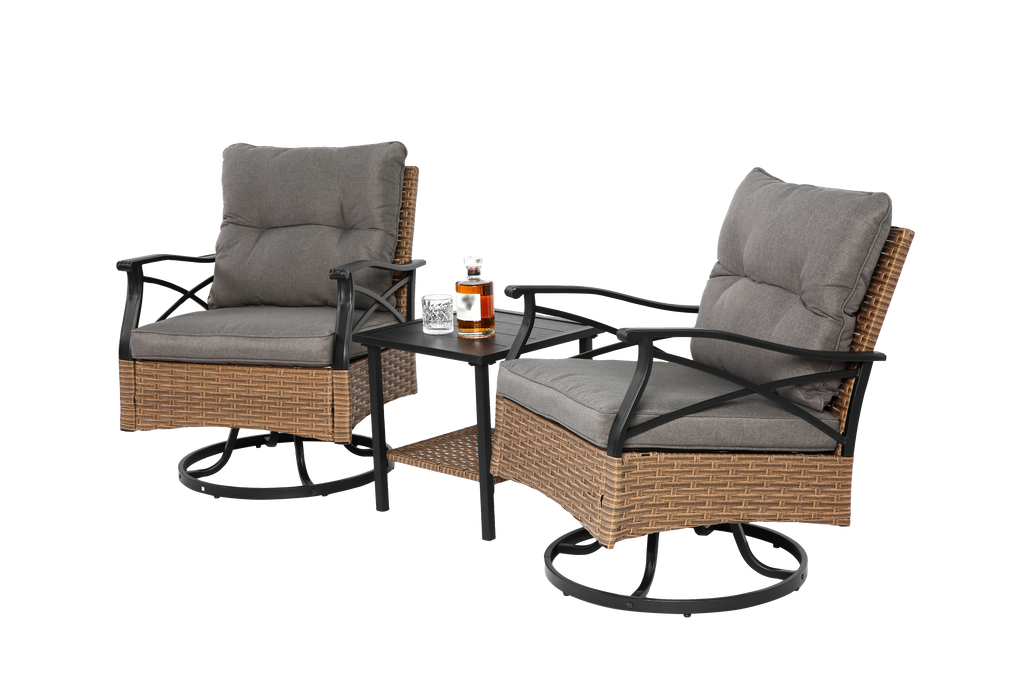 Outdoor Patio Set PE Rattan Steel Brown Swivel Rocker 3 Piece 350 LB