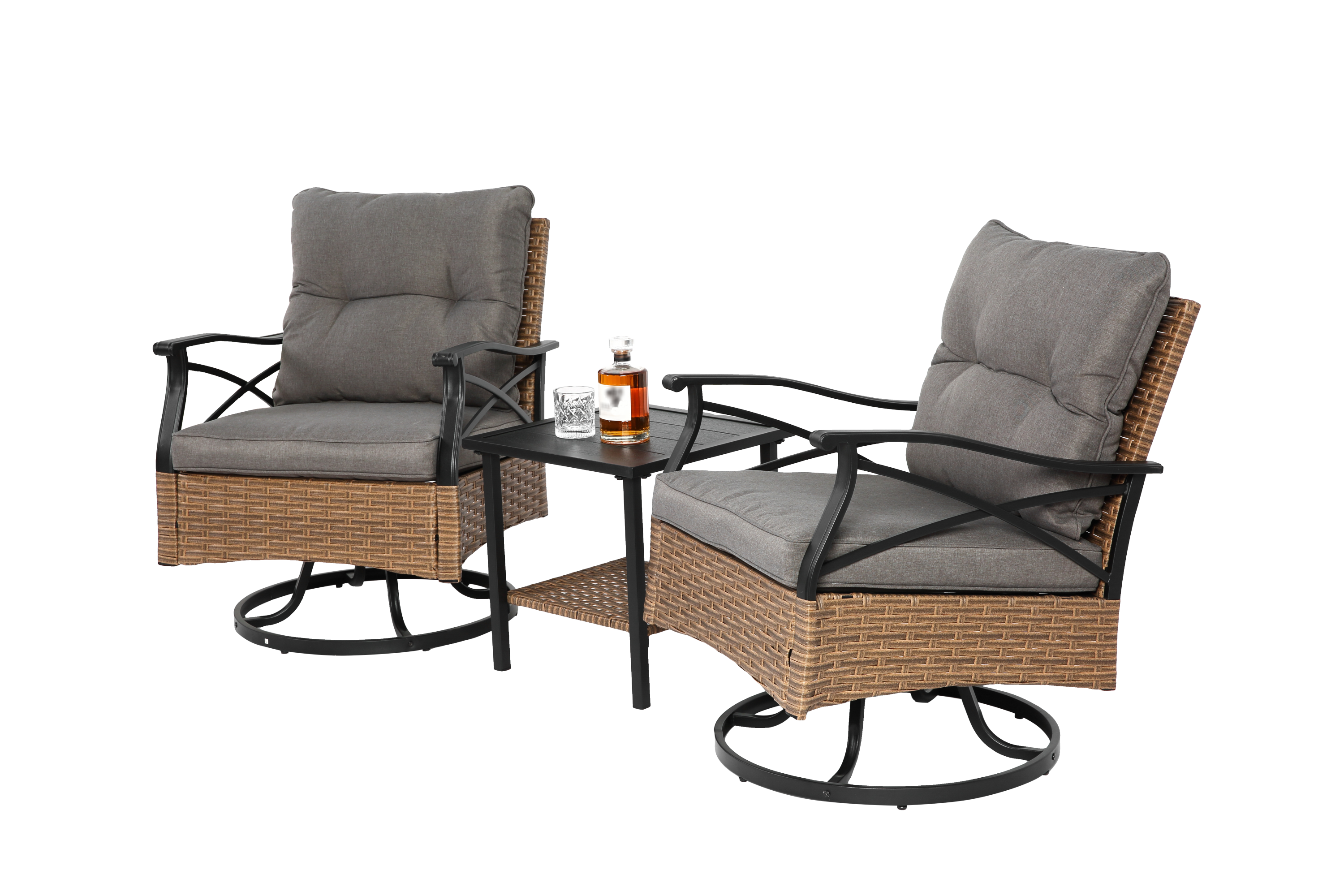 Outdoor Patio Set PE Rattan Steel Brown Swivel Rocker 3 Piece 350 LB