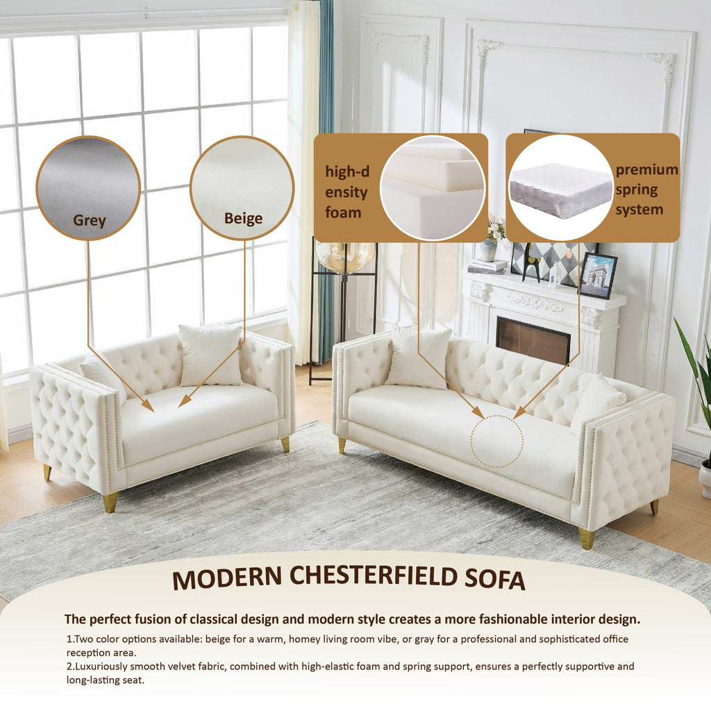 Loveseat Chesterfield Velvet Beige Button Tufted Nailhead Pine Frame 58.6 In
